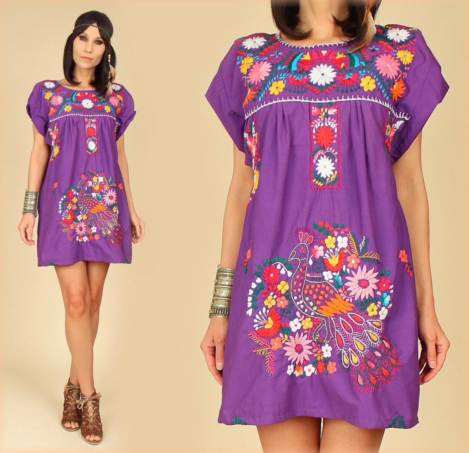 ViNtAgE 70's Artisan Handmade PEACOCK Embroidered Floral Mexican MiNi Dress M/L