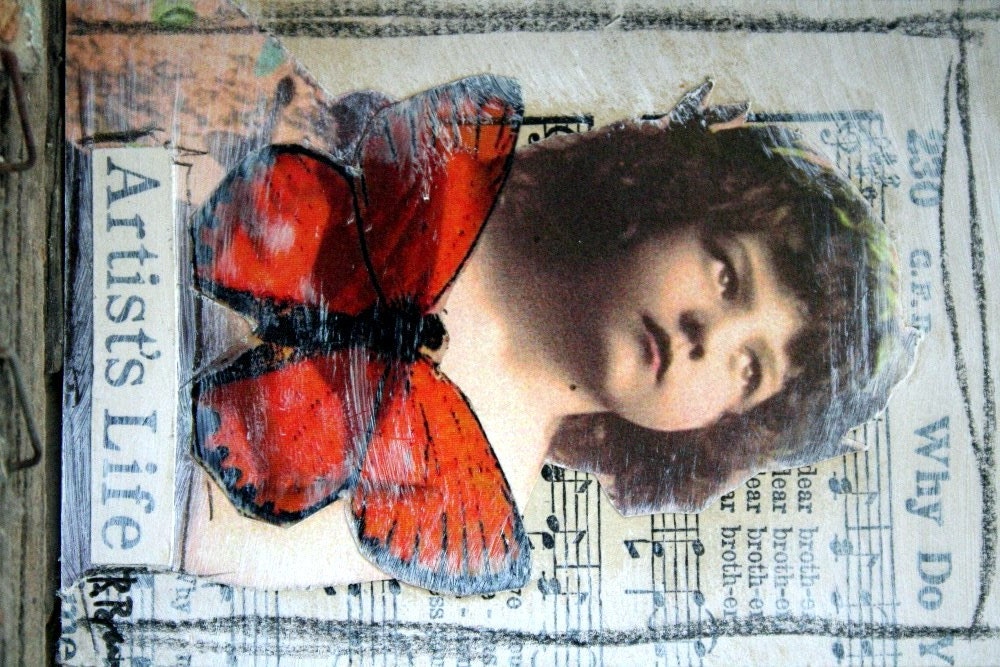 Artists Life Pensive Girl Red Butterfly Collaged ACEO Vintage Image Transparency