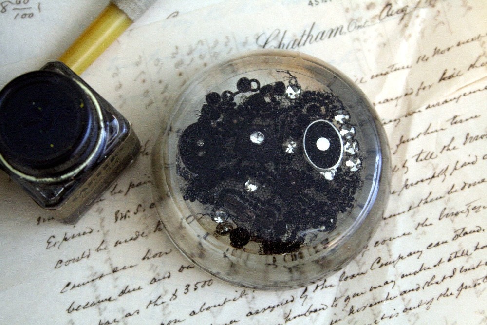 Vintage Glass Paperweight Black Lace, Jet beads, Rhinestone & Buttons