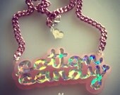 COTTON CANDY pastel pink and galaxy holographic word laser cut necklace