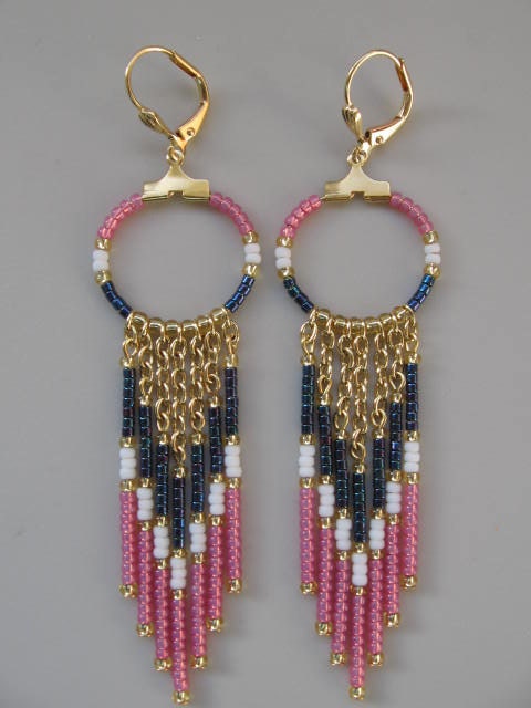 Seed Bead Chain Hoop Earrrings - Montana Blue/Opal Pink