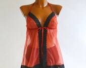 SHEER Red Chiffon Vintage 70s Babydoll Nightie Mini Nightgown Top Fagioni S M