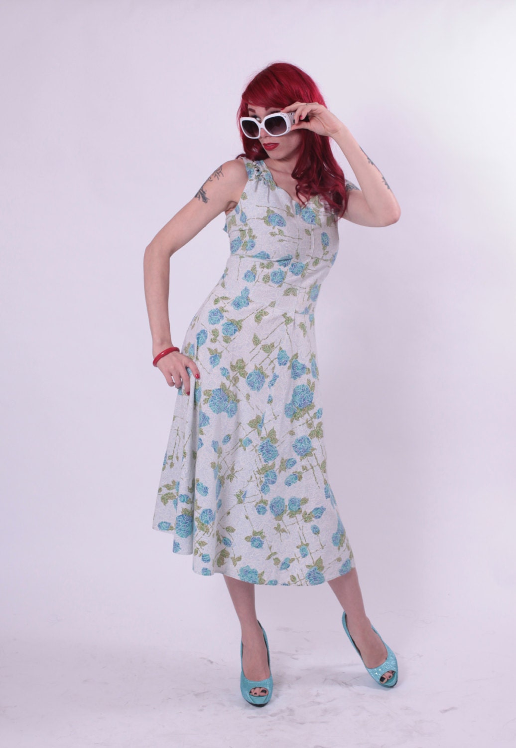 40s Dress - Teal Floral Sundress Pinafore Cotton - Large XL
