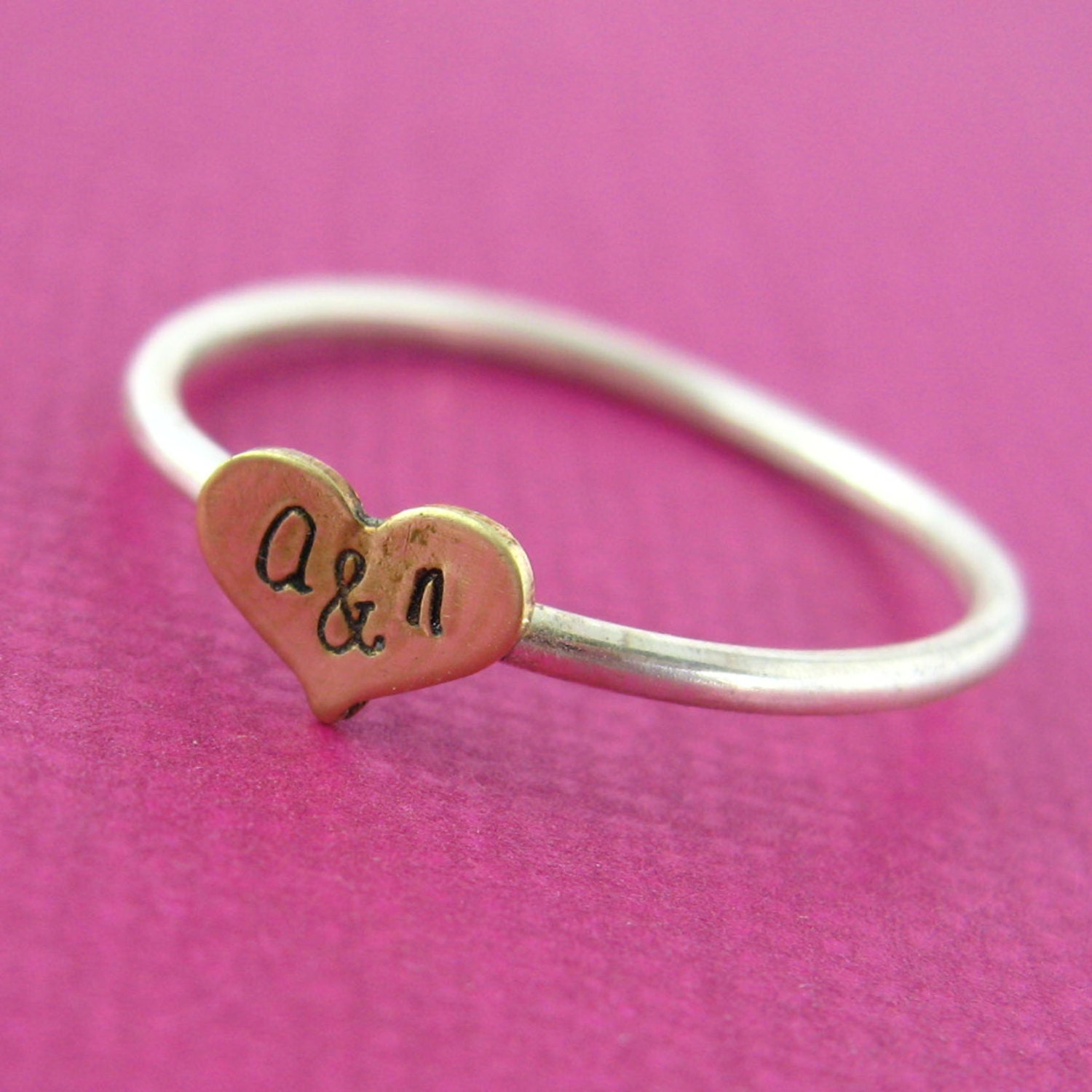 Personalized Wide Heart Initials Stacking Ring in Sterling Silver and Brass - Heart Initials Ring