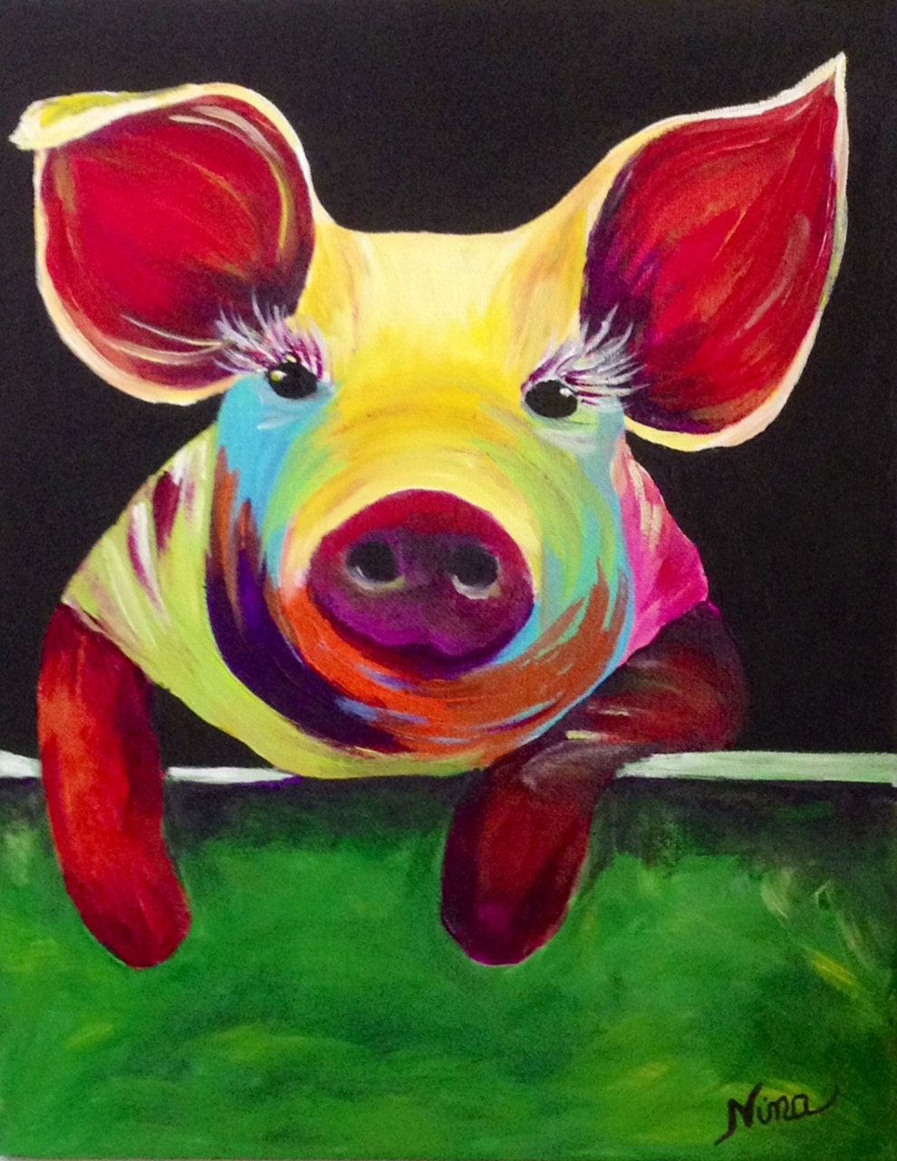 11x14 Pig multicolor rainbow animal zoo red original acrylic wrap around canvas green blue white