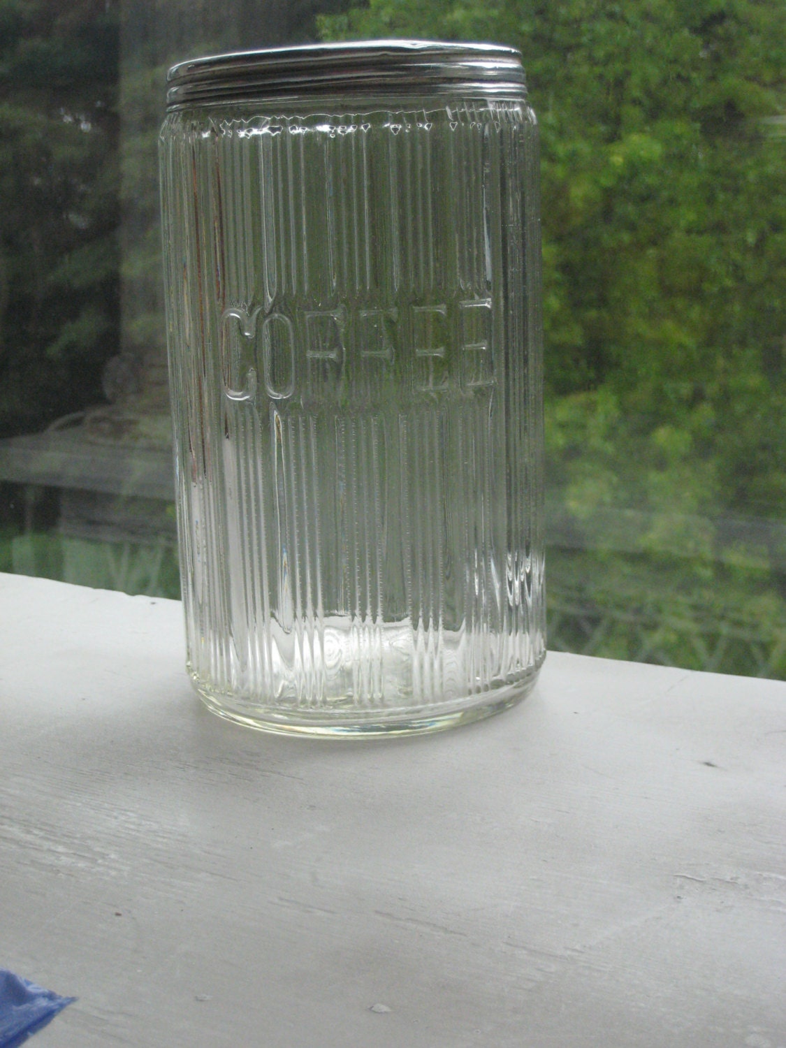 Antique 1920s Glass Coffee Canister - Sellers Hoosier Glass Embossed with Triple Skip (XXXX-TW)