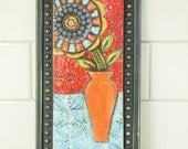 Blossom in Vase Mosaic Tile - Raku Clay Tile Mosaic  Framed Art - Colorful Whimsical Botanic Pottery Home Decor Gardener Gift
