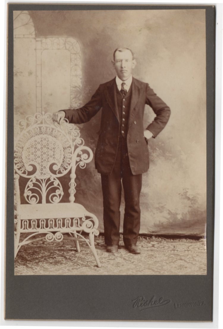 VINTAGE CABINET PHOTO of a short Gentleman standing by a tall and fancy wicker chair - great 1800's shot