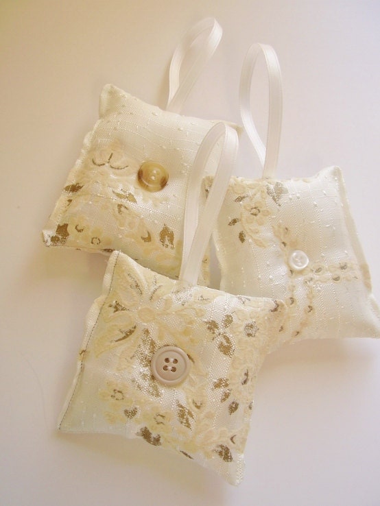 Stuffed mini pillows hanging ornaments, Christmas or wedding shabby chic decor, upcycled fabric, Set of 3