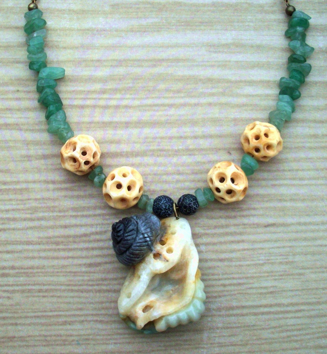 Handcarved Stone Necklace Amazonite Sea Shell and Stone Chips