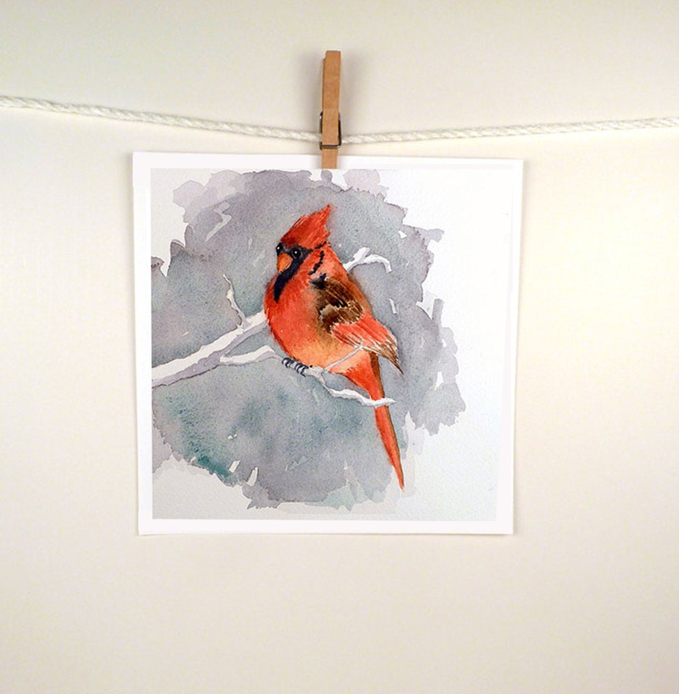Red Cardinal Bird Watercolor Painting Print - Animal Art, Nature Painting, Woodlands - Home Decor Kitchen Decor Apartment - Men Women 8 x 8
