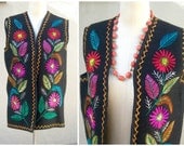 Vintage 70s ethnic vest / neon floral embroidery / tribal hippie wear