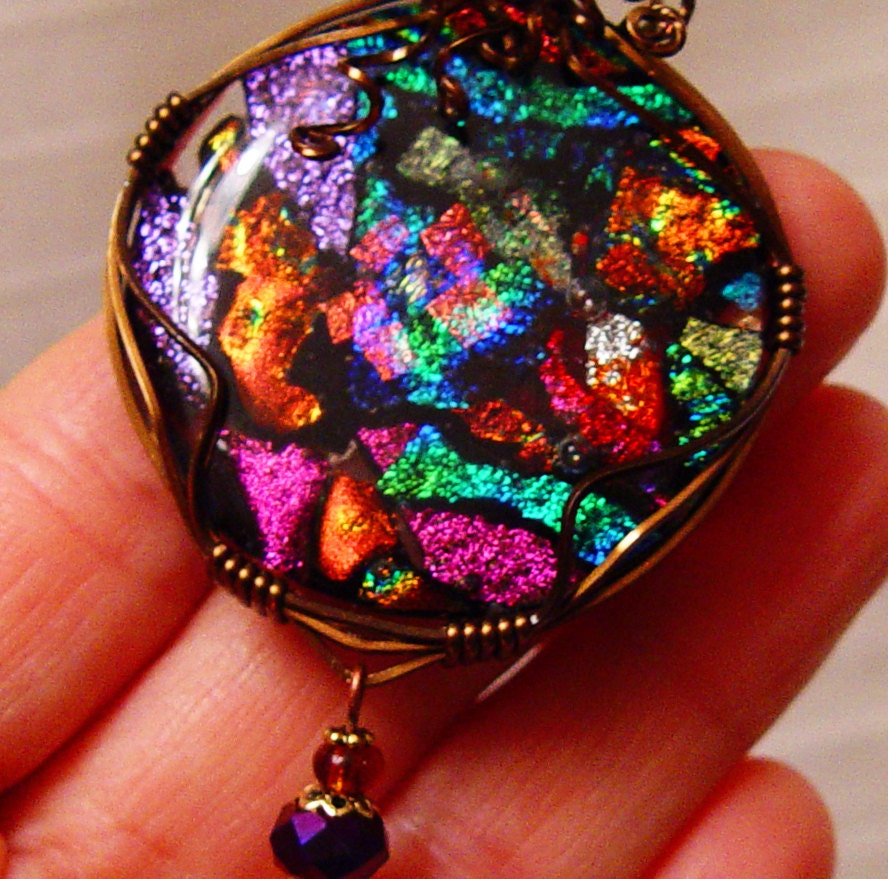 vintage bronze wire wrapped fused dichroic glass pendant