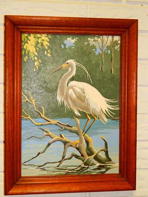 Paint by Number Crane Bird Painting, Wood Frame, Retro Wall Decor, Bird, Water Bird 11H