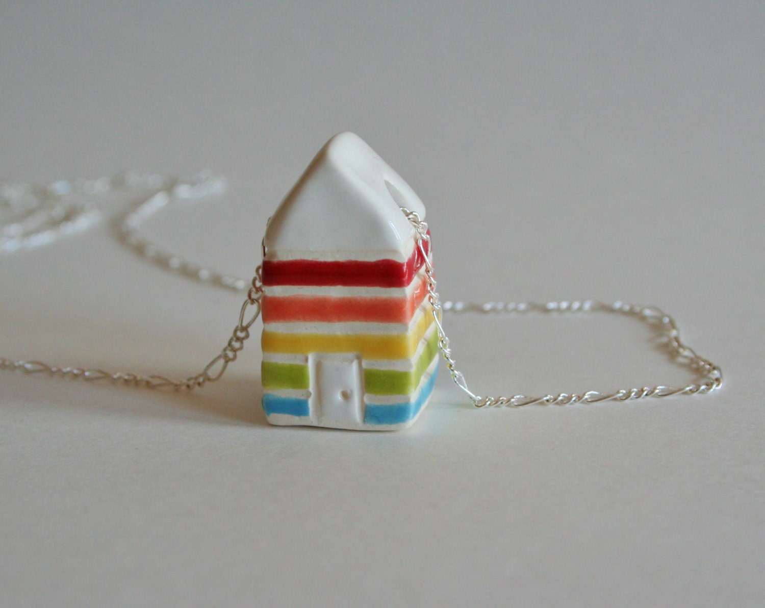Sterling Necklace Rainbow House Ceramic Pendant  Home Wearable Art Jewelry roygbiv