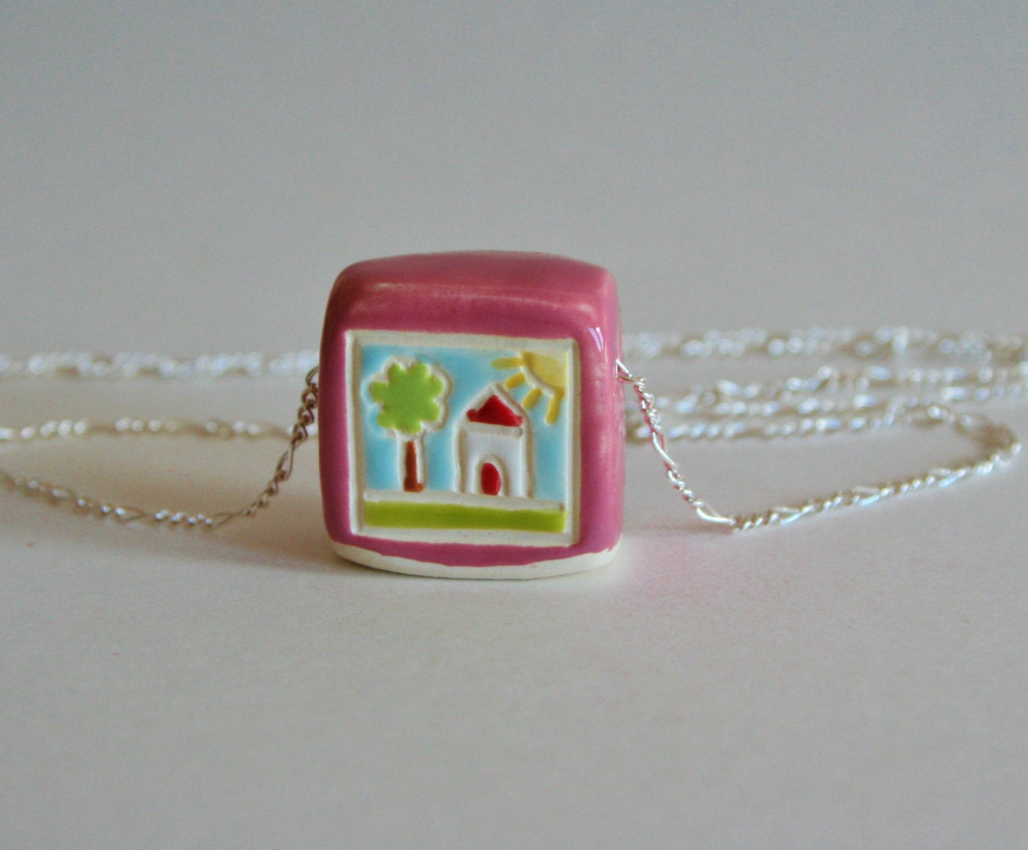 Sterling Necklace Little House Scenery Ceramic Plum Pink Pendant  Home Wearable Art Jewelry