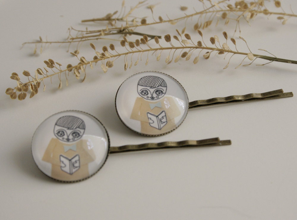 Hair pin - Children illustration - Boy reading - Girl accesory - jewelry