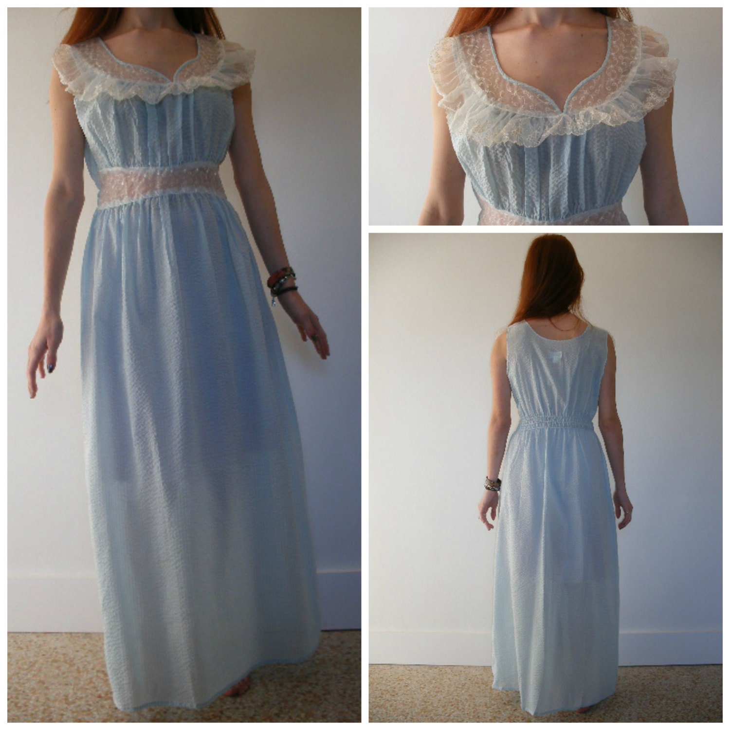 50s blue nightgown by Katz, Mad Men era blue seersucker nightgown trimmed in lace, size 36.