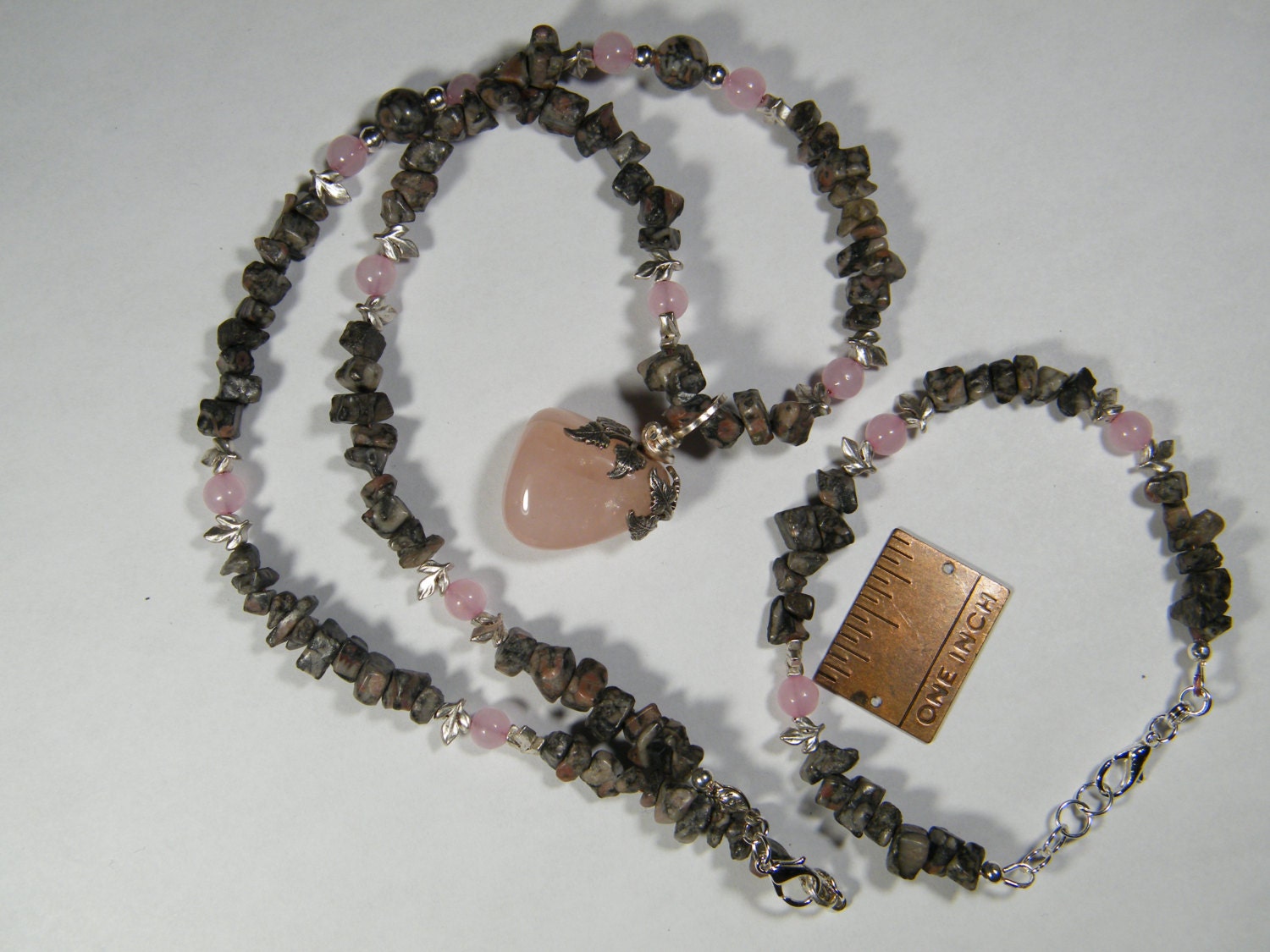 Rose Quartz, Fossil Agate and pewter leaves beaded gemstone necklace