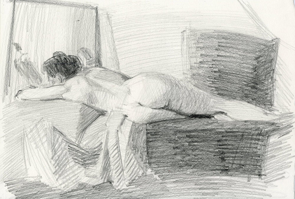 Original Drawing Nude  Female Graphite Figure Gesture Sketch - Ruthie Reclining Odalisque
