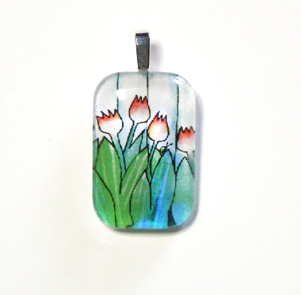 SALE... Spring Tulips Glass Pendant...  Handcrafted Wearable Art Jewelry