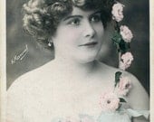 Original French vintage real photo postcard - Lady with rose garland in hair - Victorian Paper Ephemera