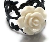 Adjustable Black Filigree Ring with White Resin Rose