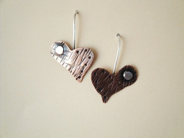 Copper heart earrings. Riveted. Texture. Relentless hearts. Mixed metals. Steampunk. Sterling silver