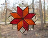 Stained Glass Suncatcher, Quilt Pattern - 8 Point Star in Red & Orange with Clear Bevels