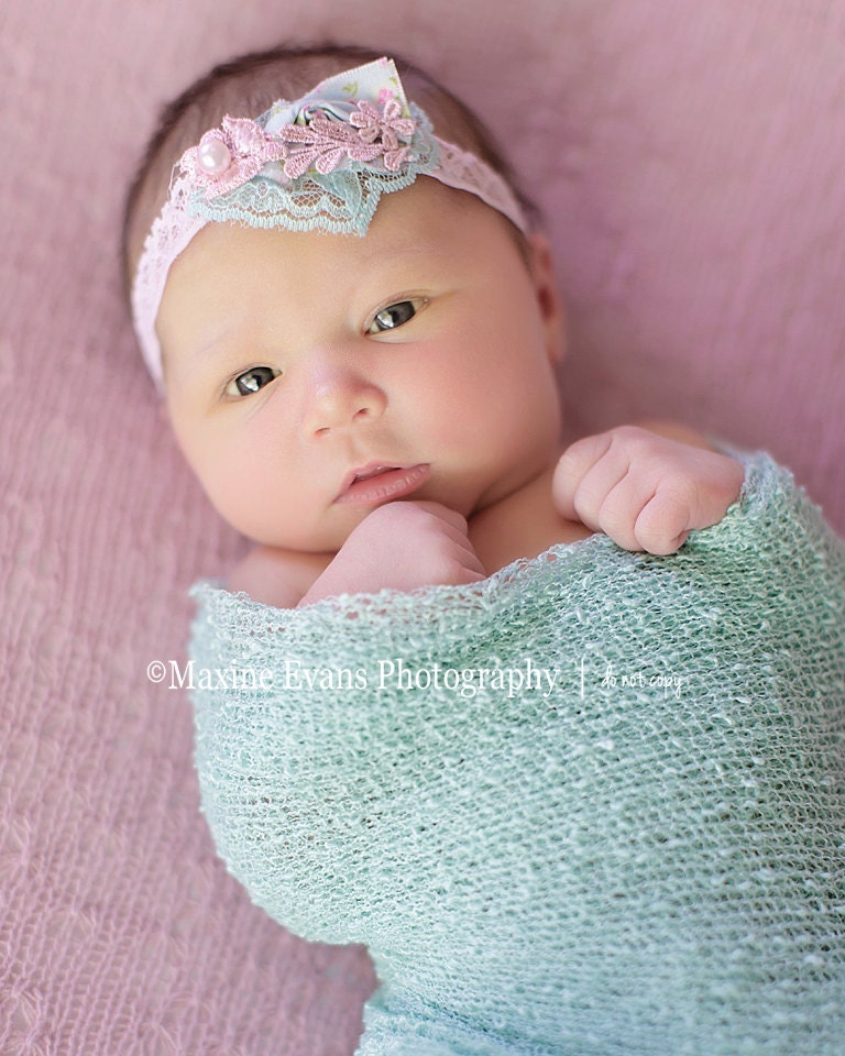 Tenley - Vintage Inspired Lace Flower Headband - Pink Aqua Cream - Floral Pearl - Newborn Infant Baby Girl Toddler Adult