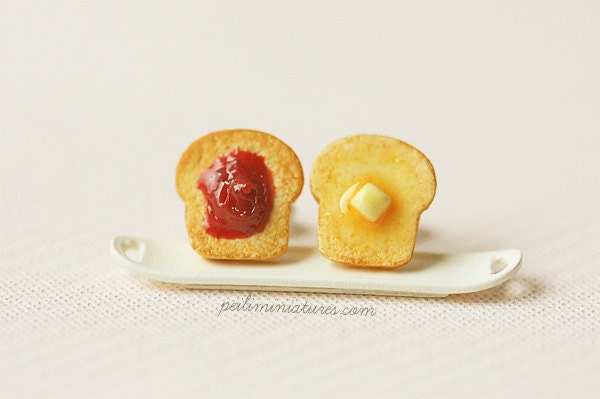 Breakfast Earrings - Toast Earrings - Butter and Strawberry Jam Toast Earrings