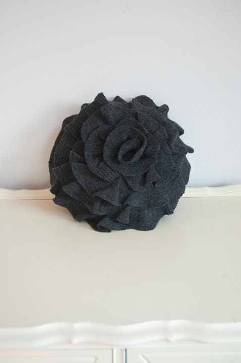Small Ruffle Rose Pillow in Charcoal Gray. Eco friendly recycled materials.