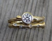 Diamond Twig Engagement and Wedding Ring Set, .25ct VS/GH Diamond Solitaire, Scattered Diamond Band