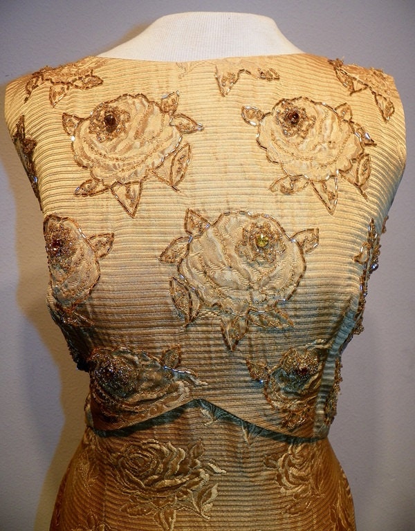1960's Gold ROSE Brocade DONALD BROOKS Boutique Cocktail Dress Vintage 60's Rhinestone Beaded Back Sashes Couture Mad Men Party Dress Set