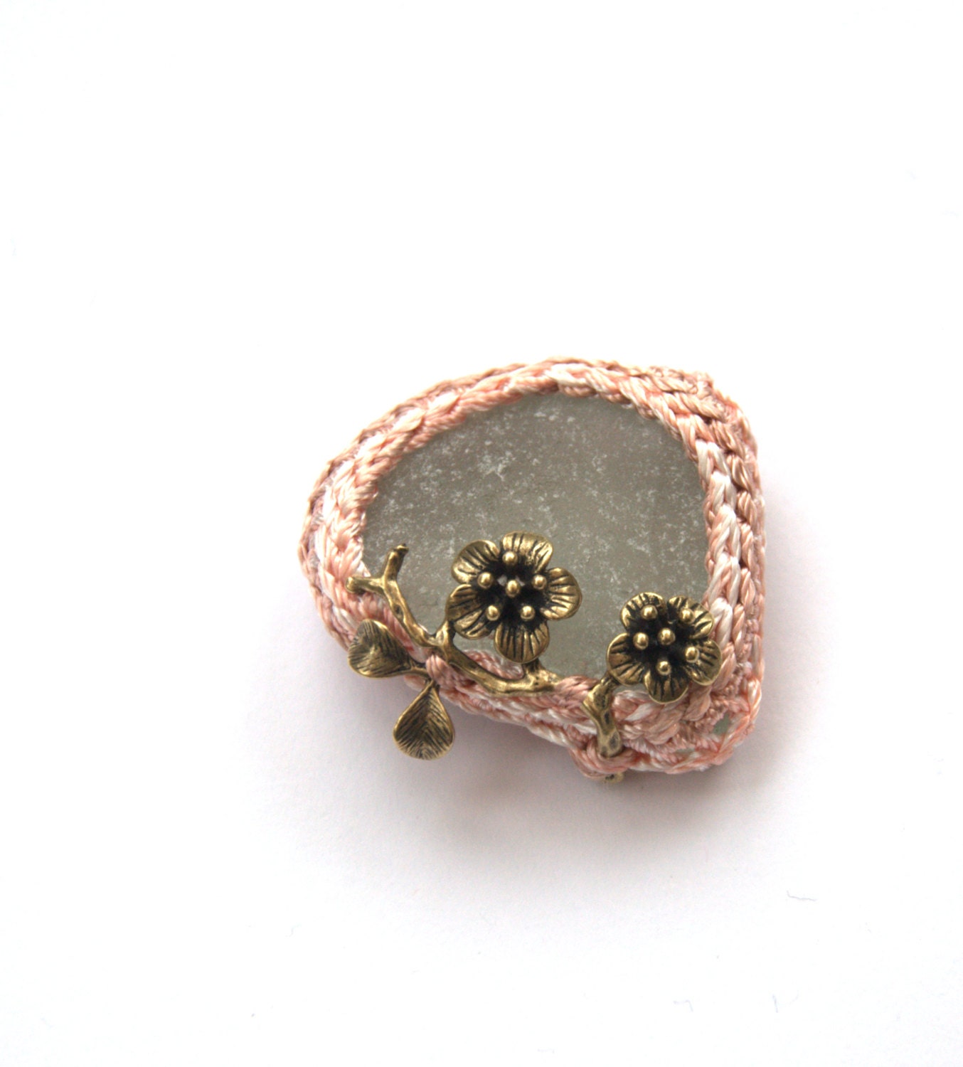 Seaglass pink brooch magnolia blossom branch crochet textile jewelry glass bronze leaf spring summer beach Weddings Birthday gift for her