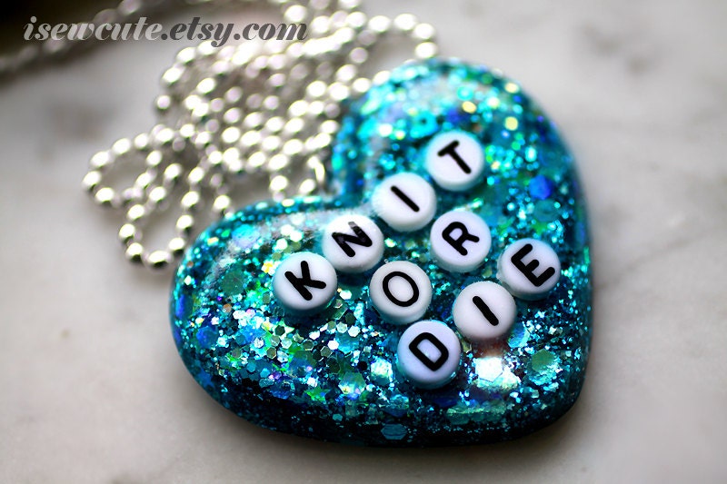 Jewelry for Knitters, Knit or Die Necklace, Blue Heart Sparkly Modern Glitter Pendant with Chain by isewcute