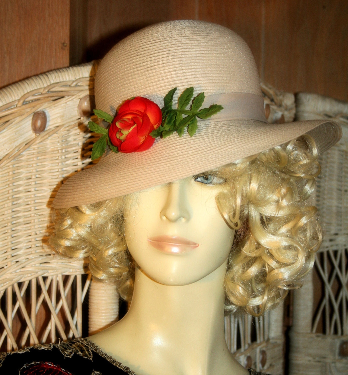 70s Raffia Hat Bohemian Red Rose