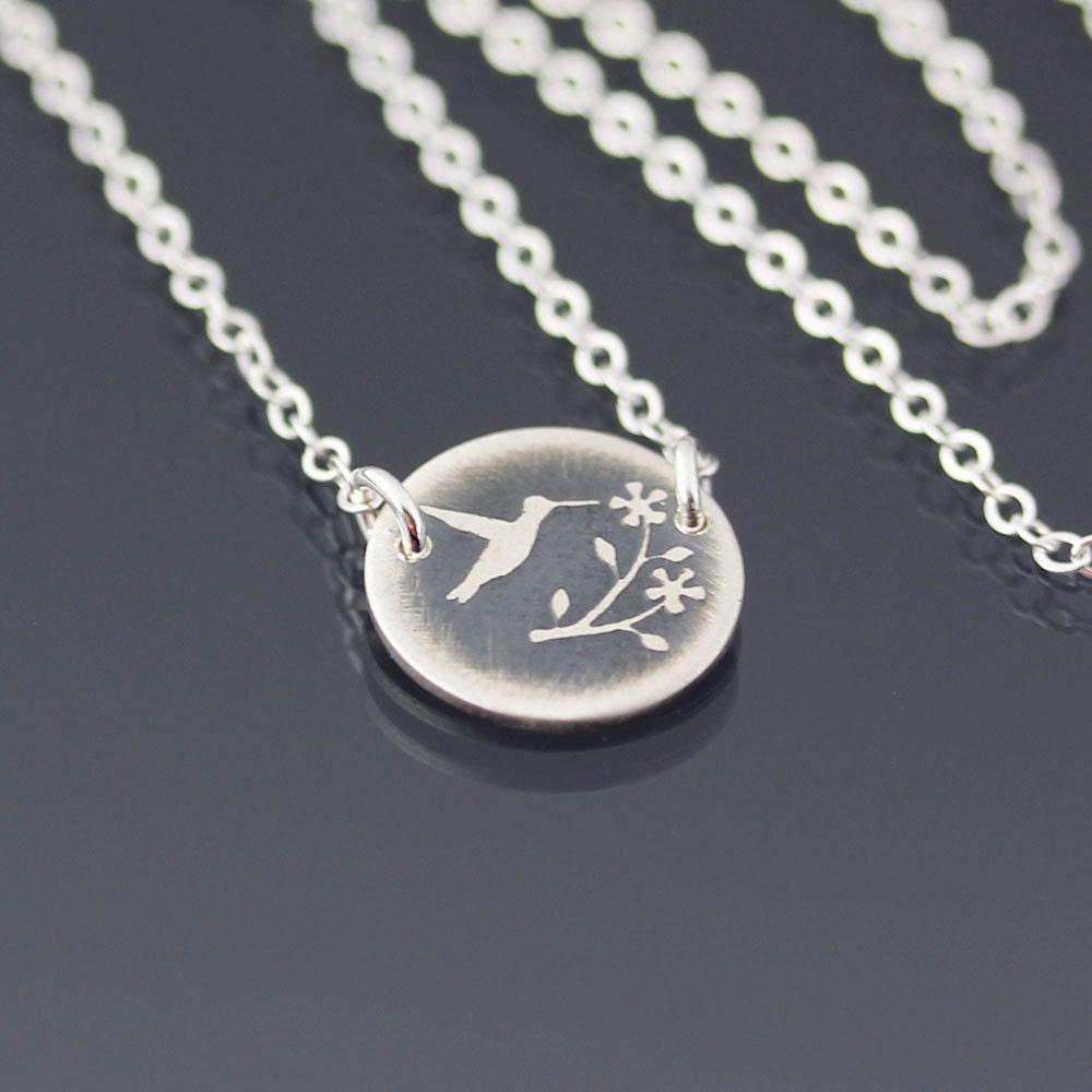 Tiny Flower and Hummingbird Necklace - Etched Sterling Silver