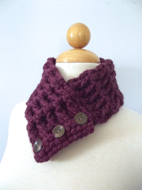 Child Scarf, Kids Scarf, 4T to Preteen Textured Scarf, Scarflette, Cowl, Neckwarmer - Plum, Brown Buttons Winter Crochet Scarf for Girls