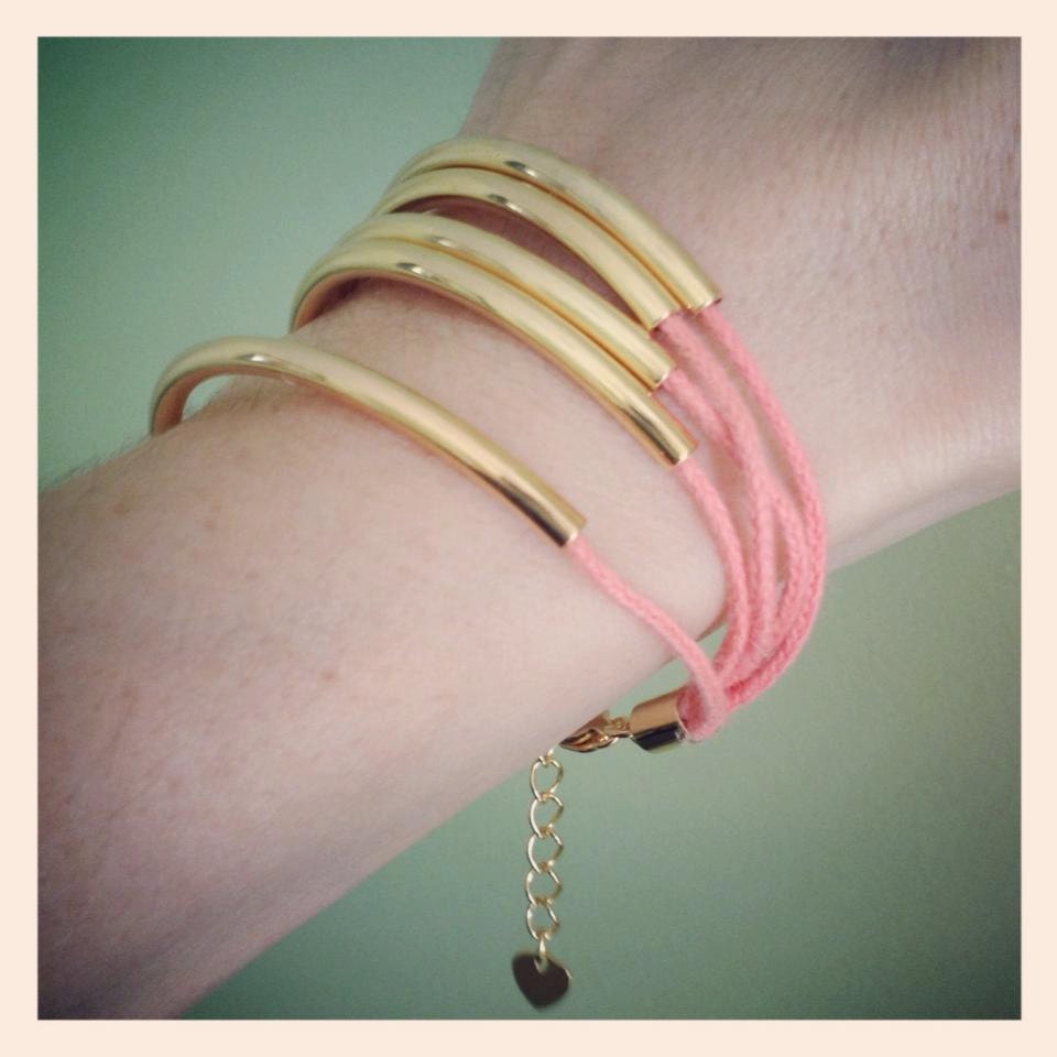 Gold and Coral Pink Multi Strand Bracelet with Heart Charm