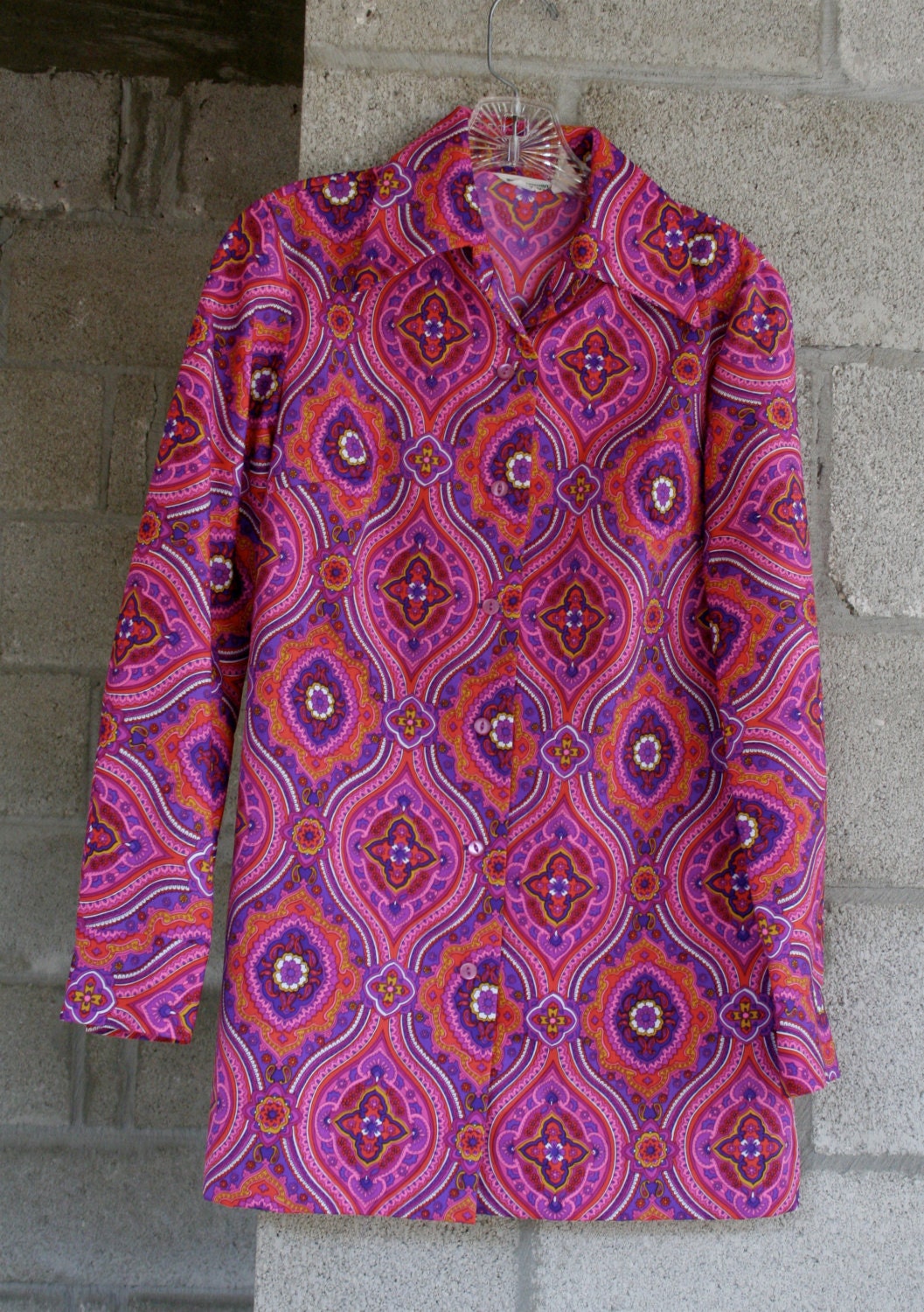 VINTAGE pink paisley bright blouse, psychedelic 70s, dressy, Alex Colman California, tunic, dress