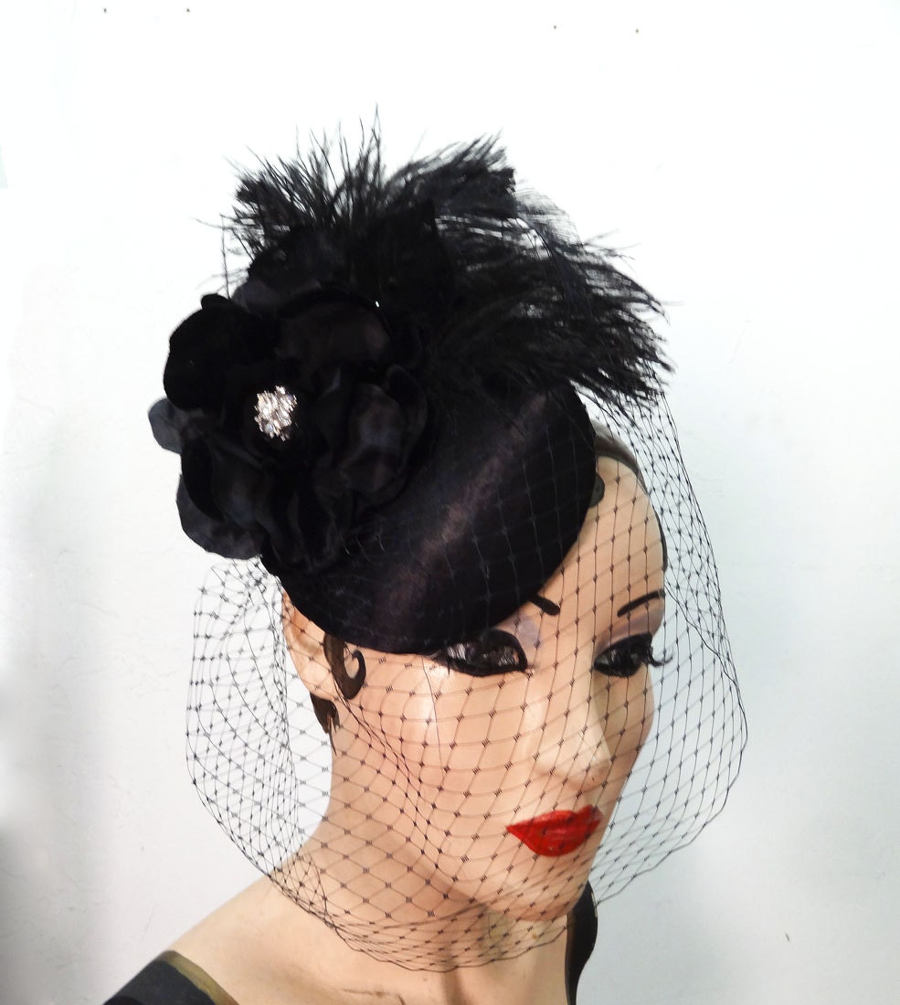 Cocktail Hat, Black Satin, Feather Fascinator, Birdcage Veil, Peacock Feather, Unique Bridal, Flower Headpiece, Batcakes Couture
