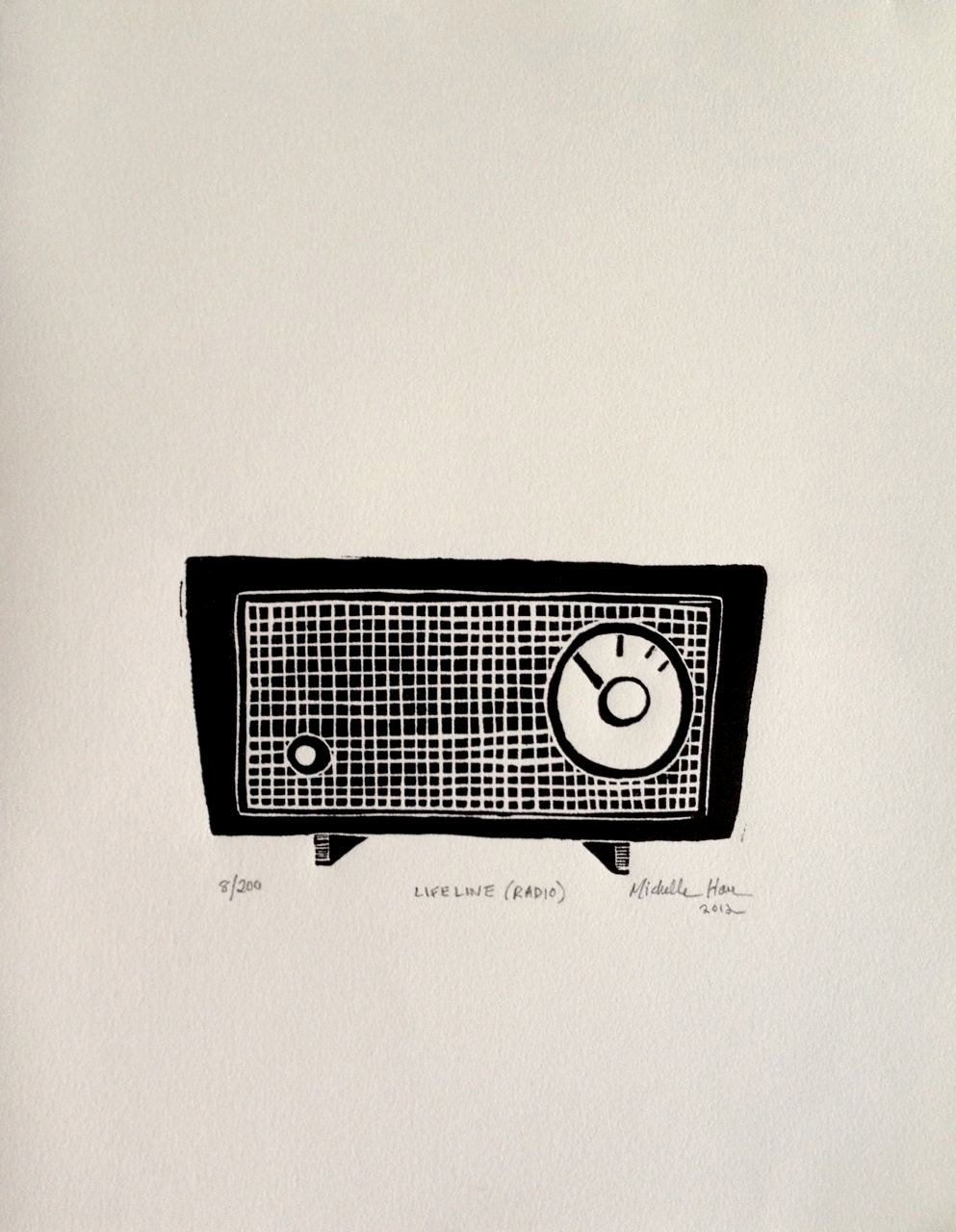 Lifeline - Radio - Retro - linocut print
