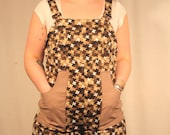 Extra Large Short Overalls in Tan Puzzle Print