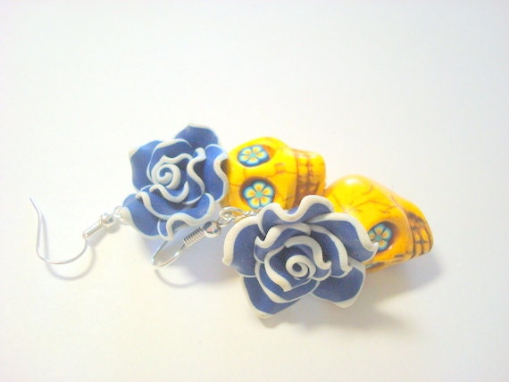 Yellow and Blue Day of the Dead Roses and Sugar Skull Earrings