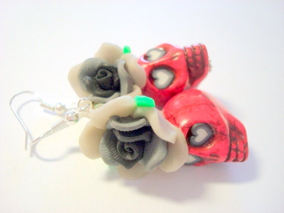 Pink and Black Day of the Dead Roses and Sugar Skull Earrings