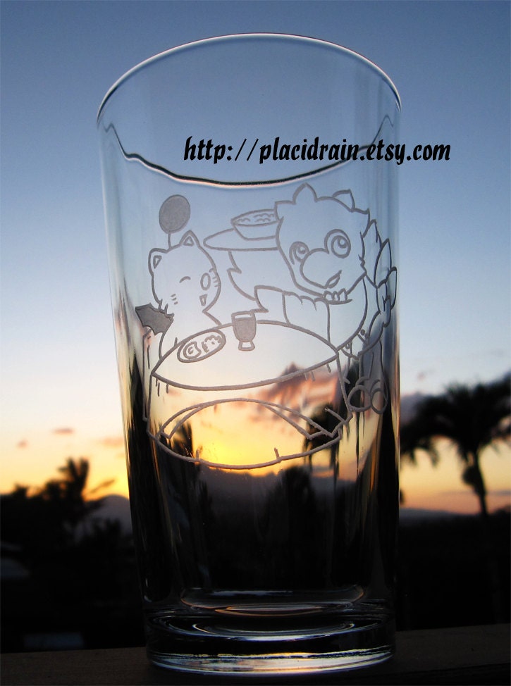 CHOCOBO Waiter Hand Engraved Fanart (16 oz.)  -- Heat Treated Pint glass --