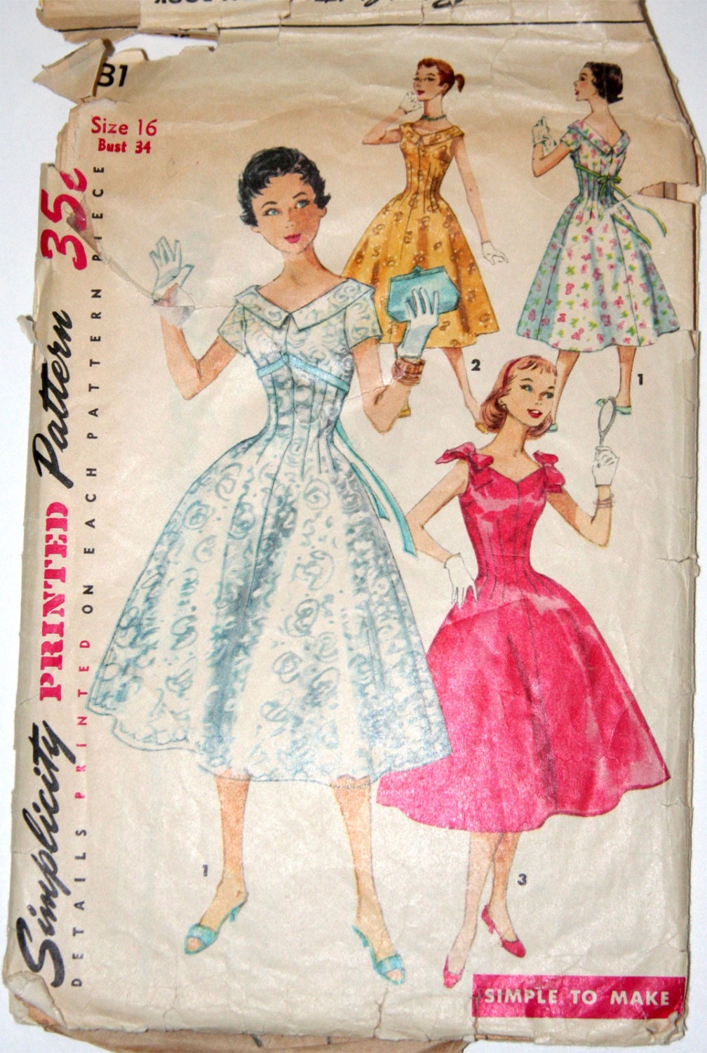 Vintage sewing pattern 1950s formal dress with full skirt - Simplicity 1631 - 34 bust