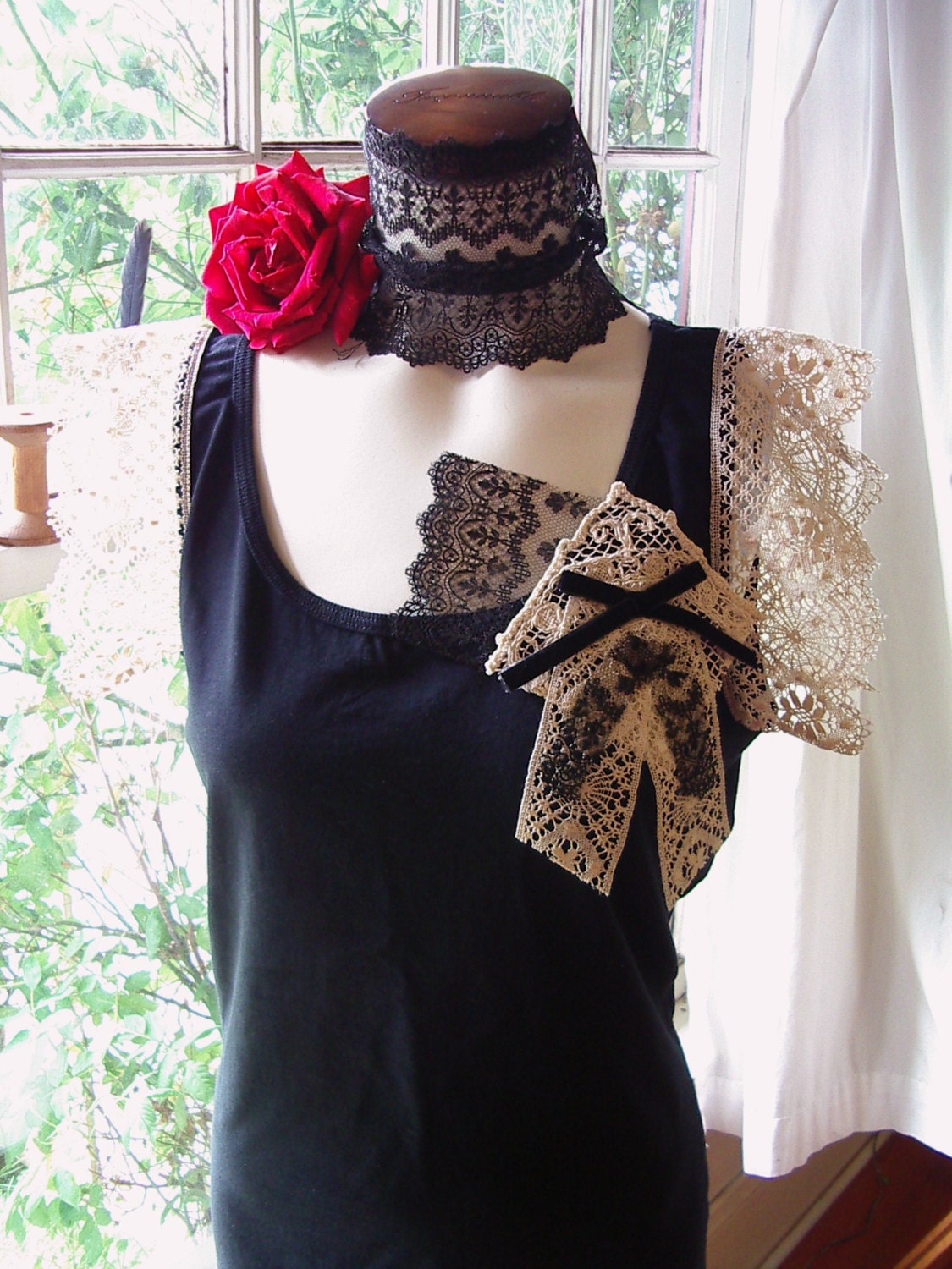 steampunk clothing SALE summer top vintage lace tank top t shirt blouse black cream ecru large extra large
