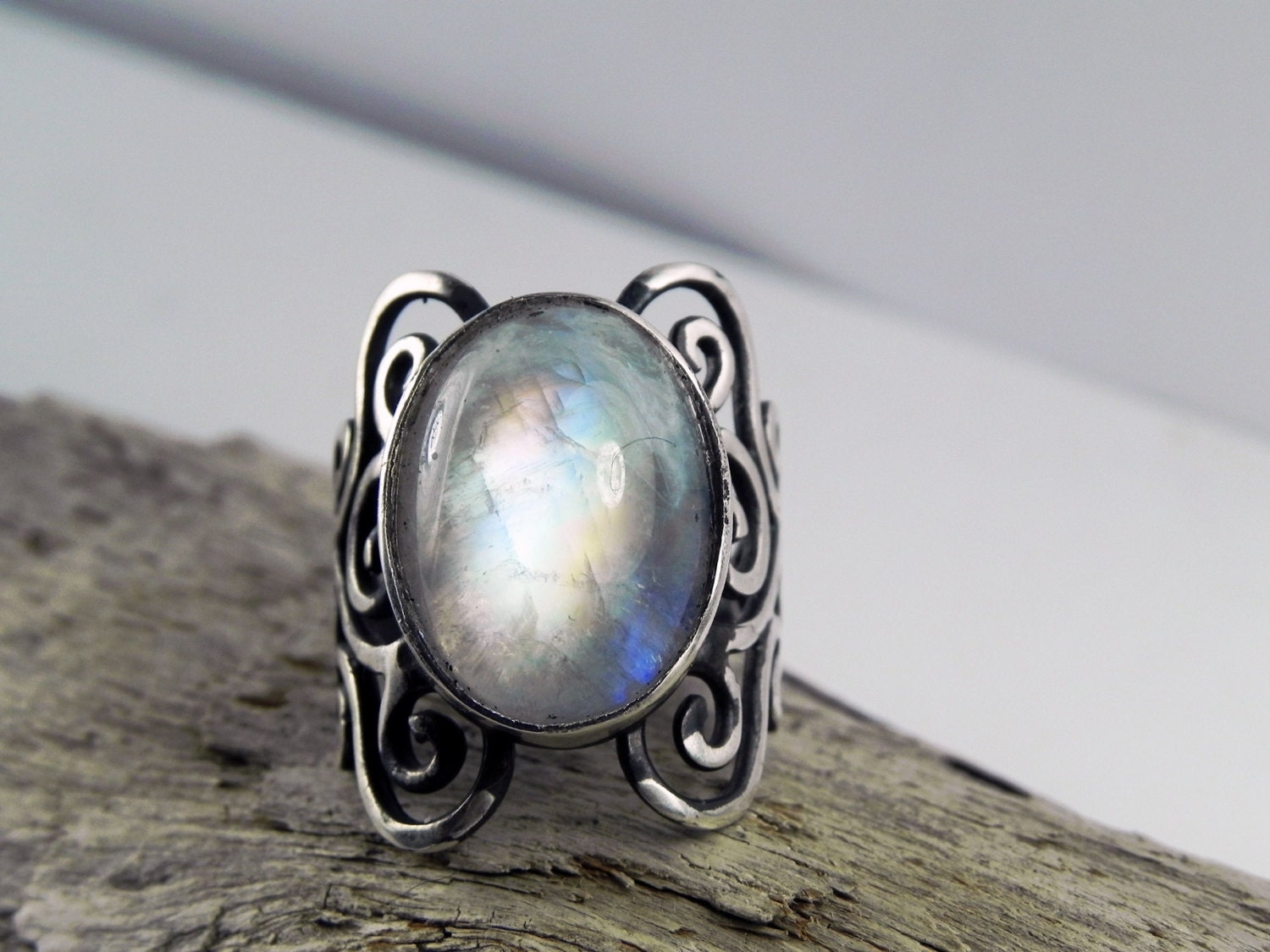 Moonstone Ring - Rainbow Moonstone Swirl Ring - Unique Silver Moonstone Jewelry - Antique Swirls - Vintage Inspired Filigree